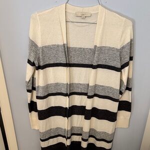 LOFT Gray and Cream Striped Open Long Cardigan